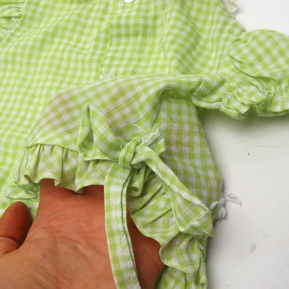 Vintage Baby Girl Green Dress Gingham Checkered Outfit Lightweight Bunny Frills - Picture 7 of 10